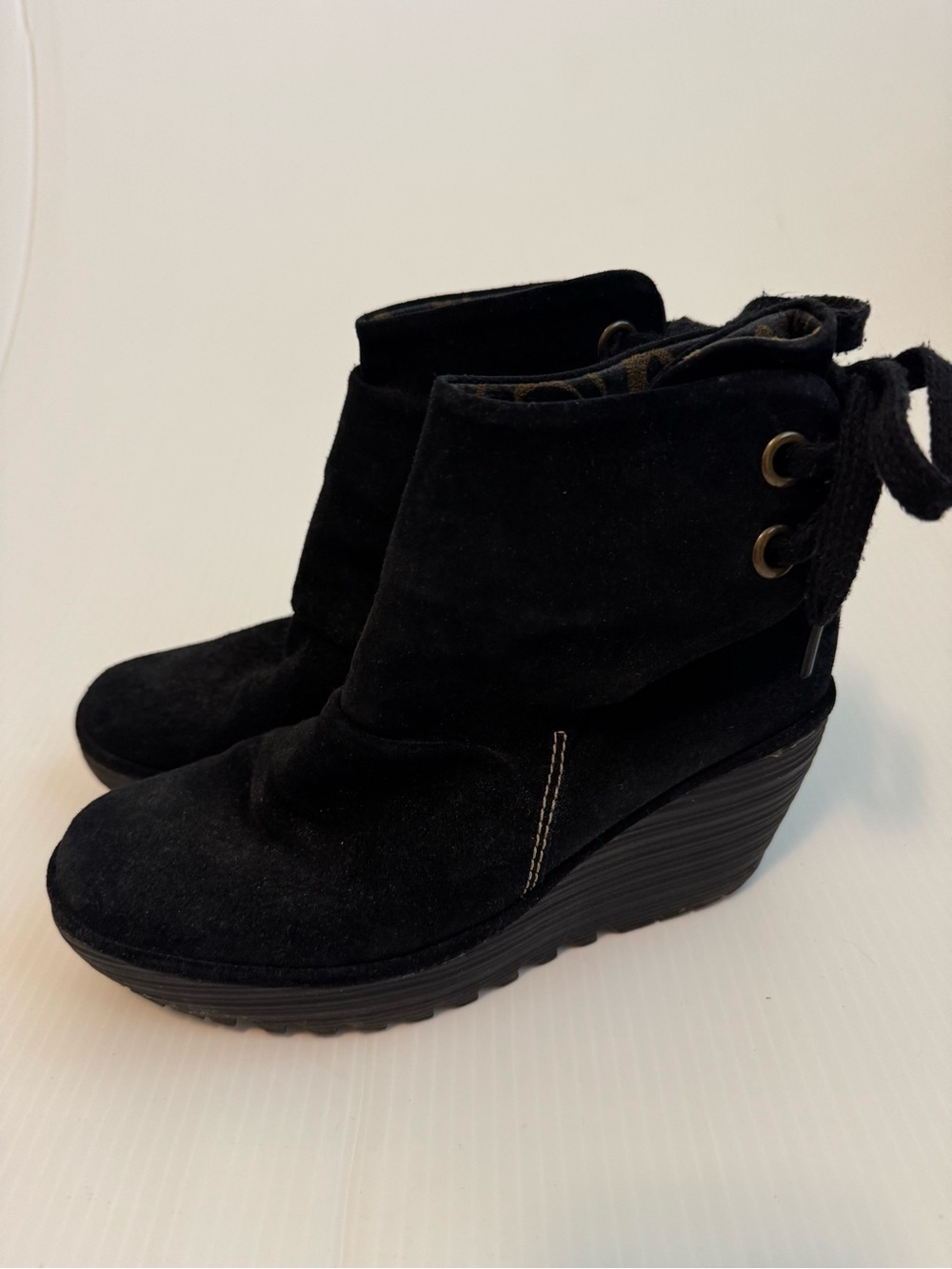 Fly London Black Suede Wedge Ankle Booties with Back Tie